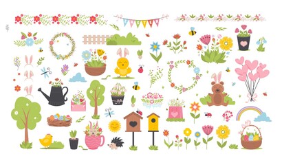 Easter spring set with cute animals, birds, bees, butterflies.