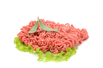 Fresh pork and beef minced meat, garnished with garlic, red pepper and dill.Isolated on a white...