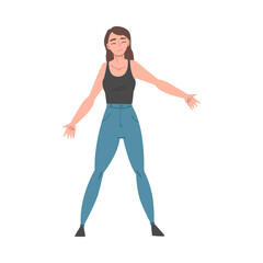 Girl Dressed Casual Clothes Standing with Wide Open Hands, Welcome, Solidarity, Friendship and Charity Concept Cartoon Style Vector Illustration