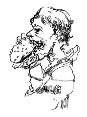 Ink sketch. The man eating burger. Hamburger.