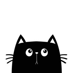 Cat face head looking up. Cute cartoon character icon. Kawaii animal. Black kitten silhouette. Baby card. Flat design. Notebook cover, tshirt, greeting card, sticker print. White background.