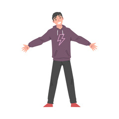 Smiling Young Man Standing with his Arms Outstretched, Welcome Gesture, Solidarity, Friendship, Help and Support Concept Cartoon Style Vector Illustration