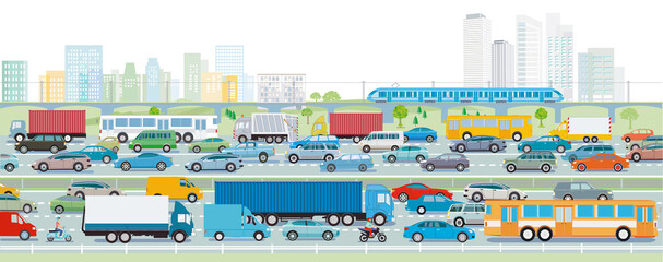 Autobahn vor einer Großstadt illustration - obrazy, fototapety, plakaty