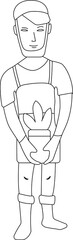 Man standing with plant in flowerpot. Black and white illustration. Coloring book.
