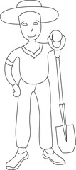 Old man standing with shovel. Black and white illustration. Coloring book.