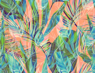 Tropical palm leaves, jungle leaves seamless floral pattern background