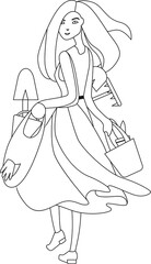 Young woman holding gardening tools. Black and white illustration. Coloring book.