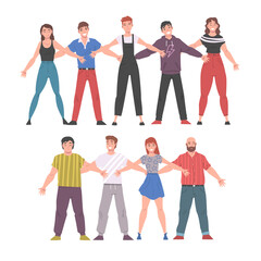 Obraz premium Happy People Standing Together with Arms Outstretched, Friendship, Solidarity, Help and Support Concept Cartoon Style Vector Illustration