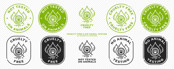 Concept for product packaging. Marking - cruelty free and not tested on animals. Animal test drops symbol with magnifying glass and animal footprint - as a symbol of freedom from testing. Vector set.