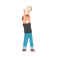 Cute Boy Playing Tambourine, Kid Learning to Play Musical Instrument Cartoon Style Vector Illustration