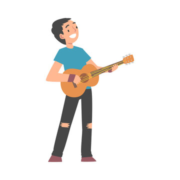 Joyful Boy Playing Acoustic Guitar, Teenager Playing Musical Instrument and Singing Cartoon Style Vector Illustration