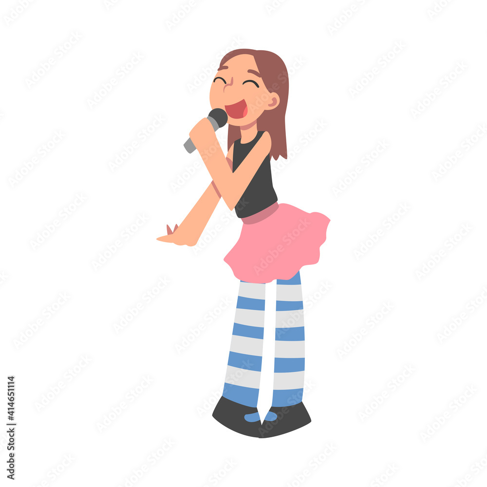 Sticker Cute Funny Girl Singing with Microphone Cartoon Style Vector Illustration