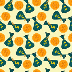 Seamless pattern of gold coins and a bag of money for the St. Patrick's Day holiday. Vector illustration