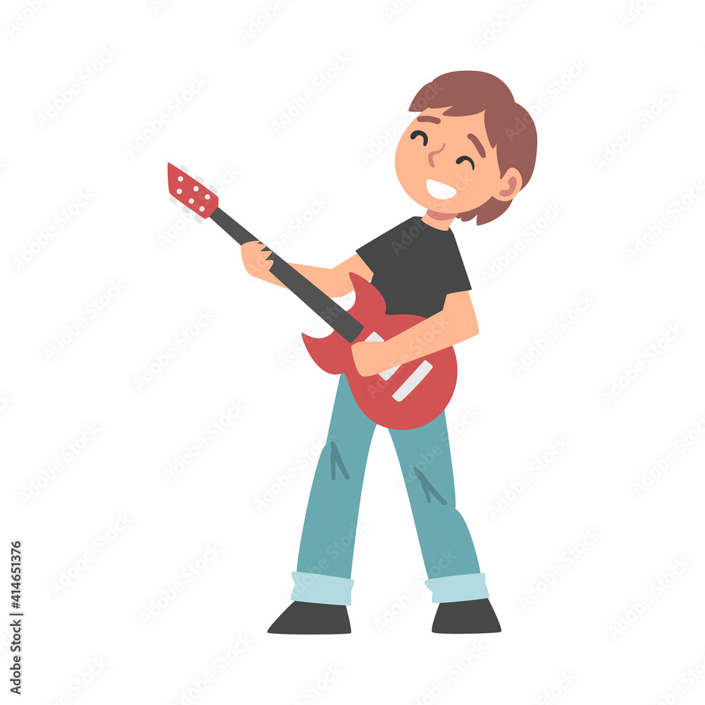 Poster Cute Boy Playing Electric Guitar, Kid Learning to Play Musical Instrument Cartoon Style Vector Illustration