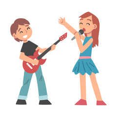 Cute Boy Playing Electric Guitar and Girl Singing with Microphone, Kid Learning to Play Musical Instrument Cartoon Style Vector Illustration