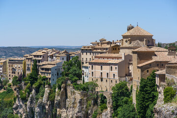 Cuenca (Castilla-La Mancha, Spain) skyline from the top of this UNESCO World Heritage Spanish city in a sunny day.  On the right side it is the Church of San Pedro