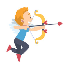 Funny Cupid Boy, Adorable Joyful Kid Angel Cherub in Casual Clothes Shooting with Bow and Arrow Cartoon Style Vector Illustration