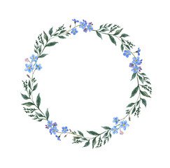 Elegant floral wreath illustration. Watercolor blue forget me not flowers and green leaves on white background. Botanical round frame. Hand painted graphic for wedding invites, baby shower, branding © Anna Nekotangerine
