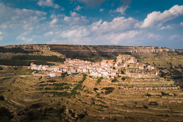 Fototapeta na wymiar Small picturesque town on top of a mountain. Ares del Maestre, Valencian Community, Spain