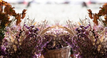 Dry flowers vintage on soft light background, invitation card and banner website design concept