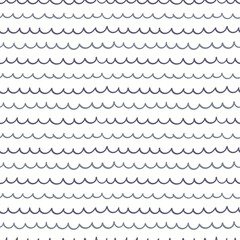 Blue waves simple nautical seamless pattern on white background. Hand drawn vector illustration. Scandinavian style line drawing. Design concept for kids fashion print, textile, wallpaper, packaging.