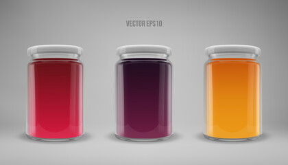 A set of glass jam jars with lids. Realistic 3D illustration. Vector