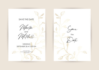 Obraz na płótnie Canvas Wedding Invitation with Gold Flowers and gold geometric line design. Cover design with an ornament of golden leaves. vector eps10