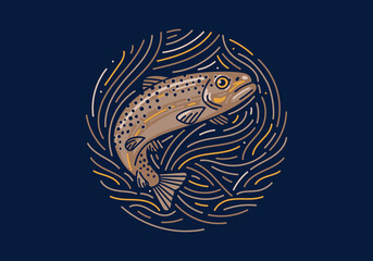Salmon, native zodiac, dark mode background texture with illustration of a salmon. Vector illustration and decorative elements.