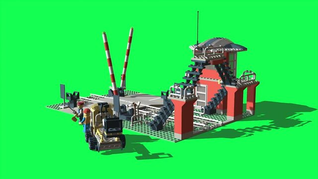 3d animation -  Train Level Crossing made from plastic bricks