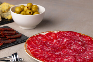 Delicious meat slicing on plate close up