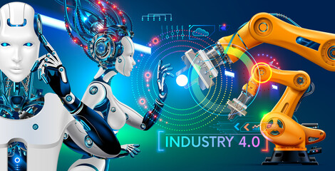Robot or cyborg with artificial intelligence controls manipulator arms on factory or manufacture. industry 4.0. AI technology in industrial revolution. Orange robotic mechanical hands. Abstract hud.