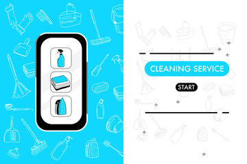 Smartphone with cleaning service website.Catalog of washing tools for floor,windows and dust removing.Find and order scrubwoman through internet.Vector doodle style items for purifying on background