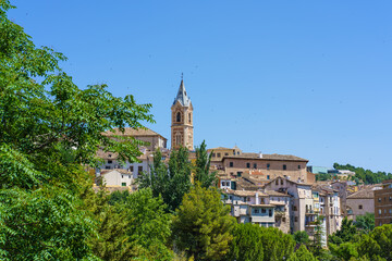 Fototapeta na wymiar Cityscape with a bell tower surrounded by swallows on a sunny summer day.