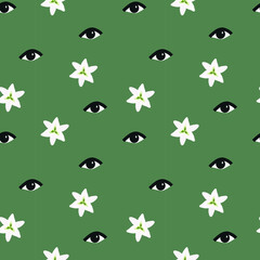 Fashion pattern of women's eyes and white lily flowers on a green background