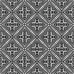 seamless mosaic with ornaments and linear figures drawn on a white background for coloring, vector