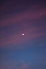 Atadecer con nubes rosadas y luna creciente
