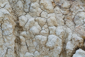 Dry white clay, natural material, atmospheric impact, outdoors. Background cracked, horizontal close-up photo.