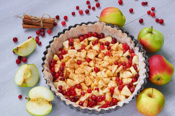 Top view on the apple pie in the
baking dish decorated with fresh apples, cranberry, spices, cinnamon sticks on the gray kitchen background