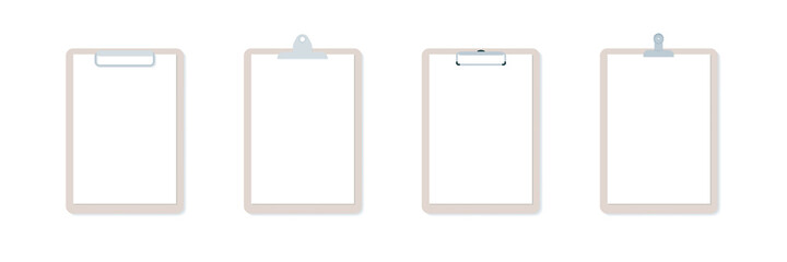 Clipboard icon set. Different paperclip. Empty white paper. Vector illustration, flat design
