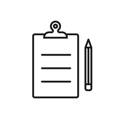 Clipboard icon with pencil. Black outline. Vector illustration, flat design