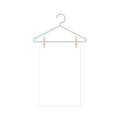 Hanger and clothes pegs holding a sheet of paper. Vector illustration, flat design