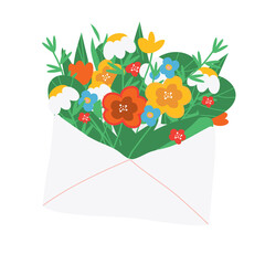 Envelope with flowers inside. Letter with bouquet. Vector clip art