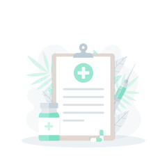 Concept of vaccination, health check up, health insurance, medical history. Clipboard, Vector illustration, flat design