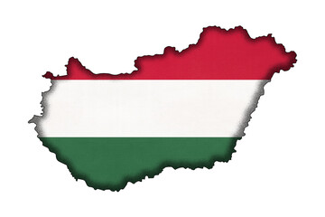 Obraz premium Hungary border silhouette with national flag. Contour country on geography map.