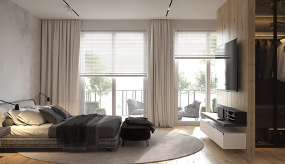 Minimalism modern interior design bedroom with panoramic windows. Contemporary bed with bedside tables and bedside bench. Style tv zone and wardrobe. 3d rendering. 3d illustration.