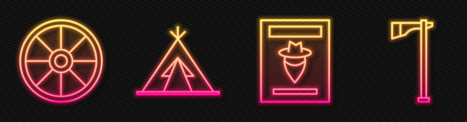 Set line Wanted western poster, Old wooden wheel, Indian teepee or wigwam and Tomahawk axe. Glowing neon icon. Vector. © Vadim