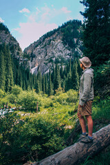 Naklejka premium A man looks into the green gorge of the Tien Shan mountains