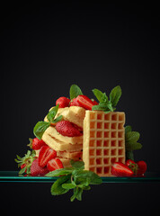 Waffles with strawberries and mint.