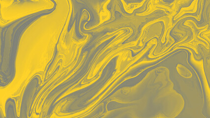 Fluid marbled texture. Modern background with splash paint. Liquid ink alcohol yellow and gray waves design. Trendy colors of 2021.