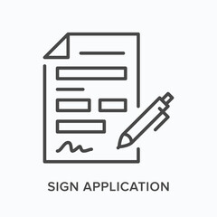 Sign application flat line icon. Vector outline illustration of paper and pen. Black thin linear pictogram for document agreement